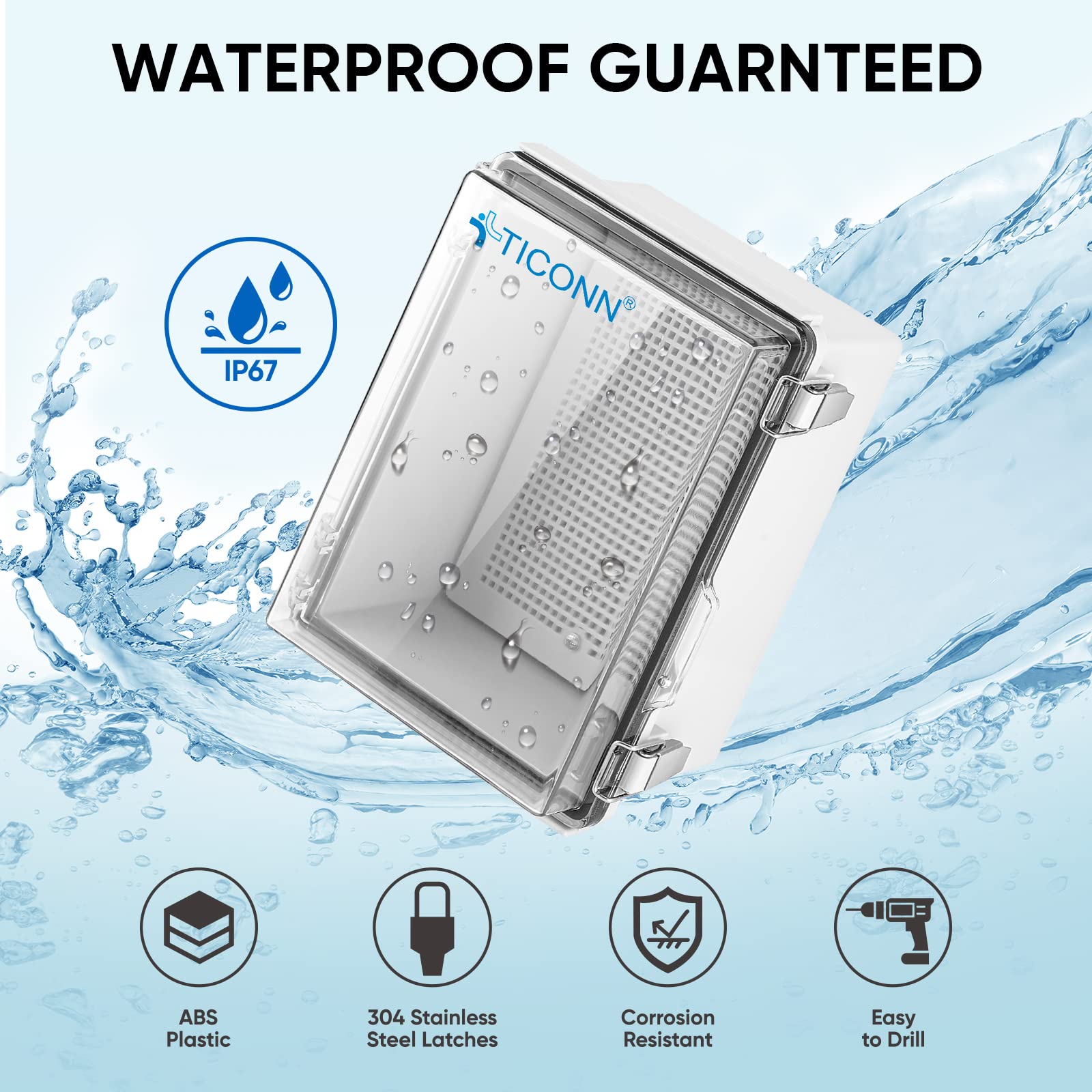 HOMLUX 8.7"x6.7"x4.3" Waterproof Electrical Junction Box, IP67 ABS Plastic Enclosure with Hinged Cover with Mounting Plate, Wall Brackets, Cable Glands