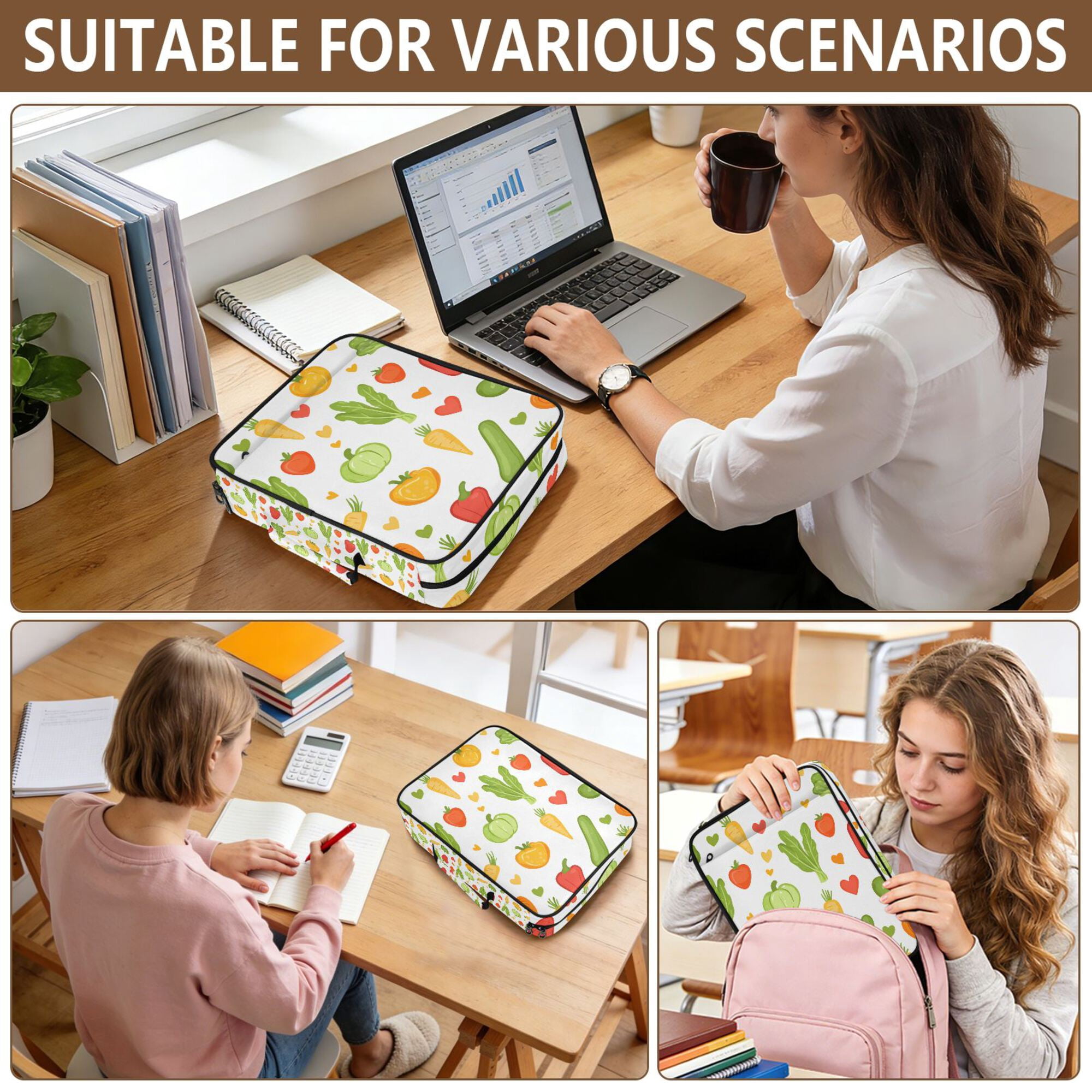 FORMRS Accordion File Folder A4 Size 7-Pocket Expanding Document Organizer Bag with 3 Ring Binder, White Vegetables Pattern