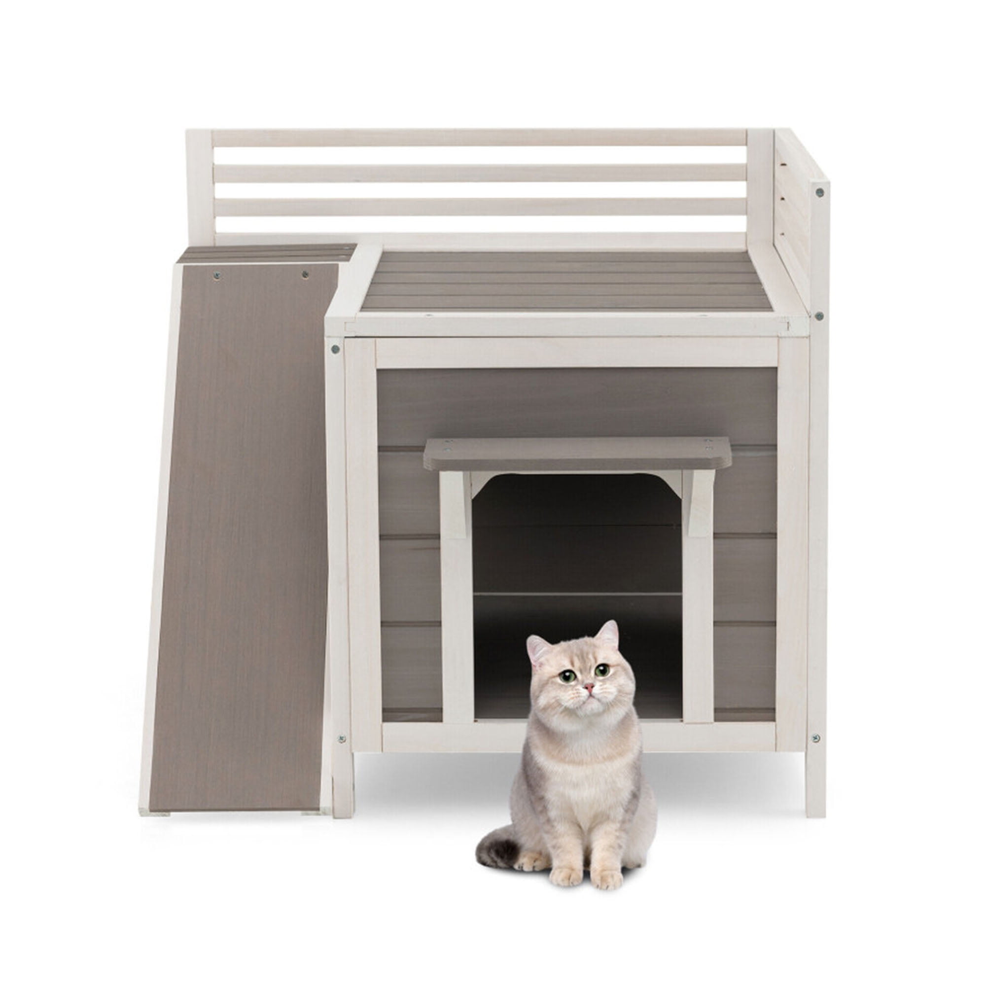 Pefilos 27" Outdoor Cat House, Wood Cat Condo for Small Cats, Weatherproof Cat Shelter with Escape Door, Gray Pefilos 27" Outdoor Cat House, Wood Cat Condo for Small Cats, Weatherproof Cat Shelter with Escape Door, Gray