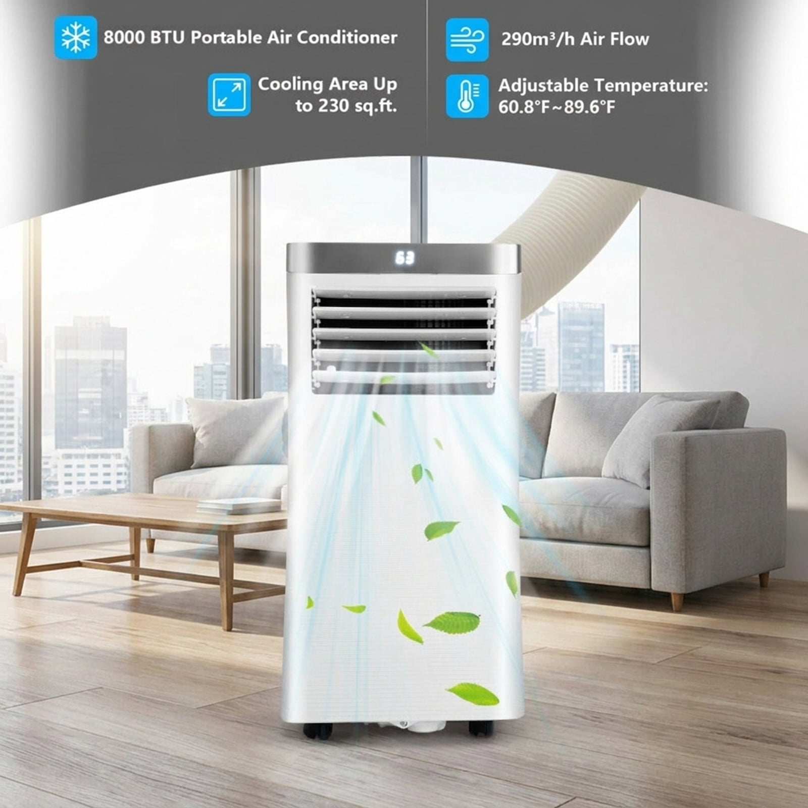 RUIE 8,000 BTU Portable Air Conditioner with Dehumidifier and Fan, White 3-in-1 Cooling Unit Cools up to 230 Sq Ft with Remote Control, 24H Timer & LED Display for Bedroom Office Apartment