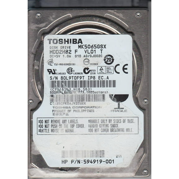 MK5065GSX, A0/GJ002C, HDD2H82 F VL01 T, Toshiba 500GB SATA 2.5 Hard Drive