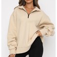 thumbnail image 2 of Jersey de manga larga con media cremallera para mujer Sudadera extragrande con hombros caídos de color sólido, 2 of 6