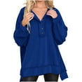 thumbnail image 2 of CLOISE Womens Sweatshirt Solid Oversized Sweatshirts Henley Button V-Neck Long Sleeve Hoodies Shirts Blue High Low Hem Stitching Blouses Fall Soft Y2k Outfits XL, 2 of 7