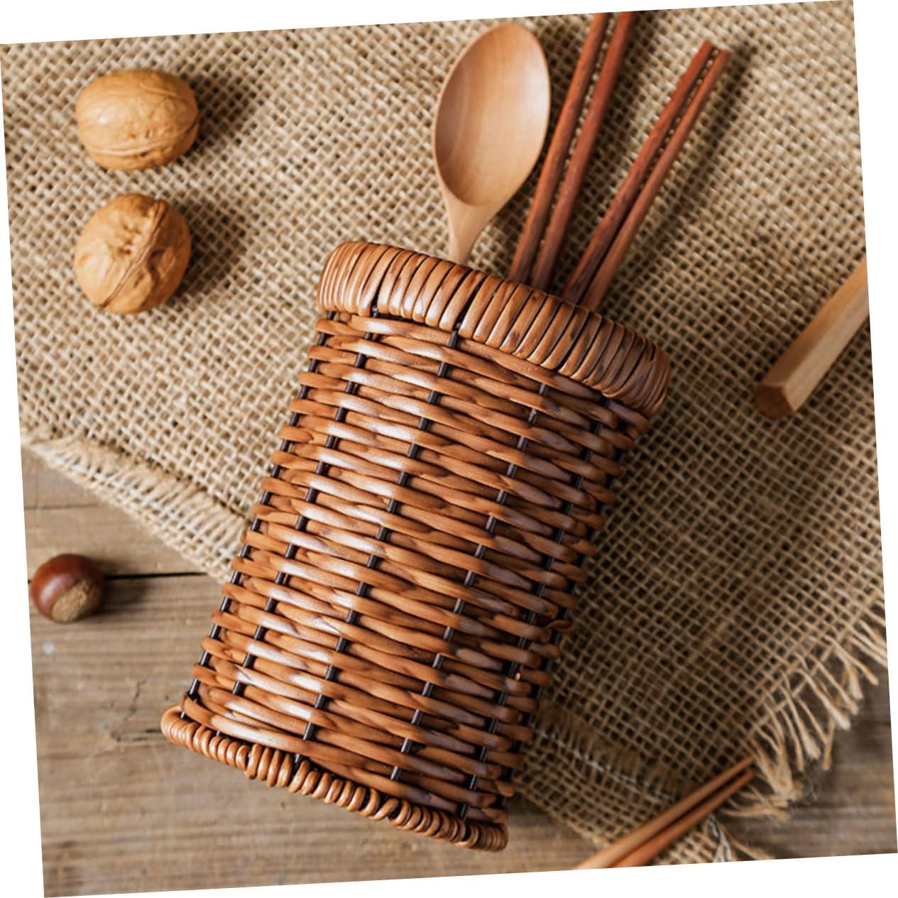 ABCISI Woven Utensil Holder, Countertop Cutlery Organizer Basket for Kitchen, Dining Table, or Workspace Storage, Silverware Drying Basket, Lightweight and Portable, 6.14 X 4.09 X 4.09 Inches, Brown
