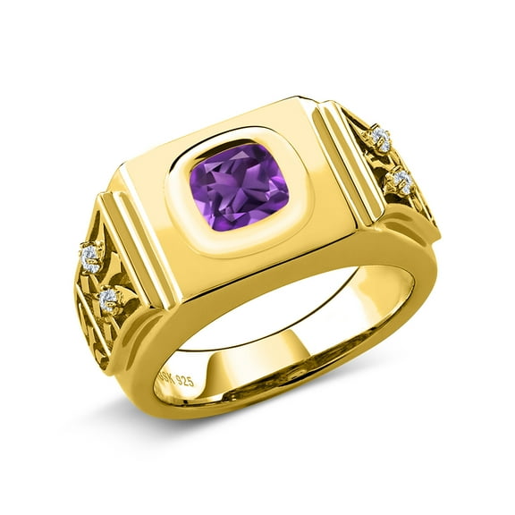 Gem Stone King 18K Yellow Gold Plated Silver Men's Ring Cushion Purple Amethyst and Moissanite (2.13 Cttw, Size 8)