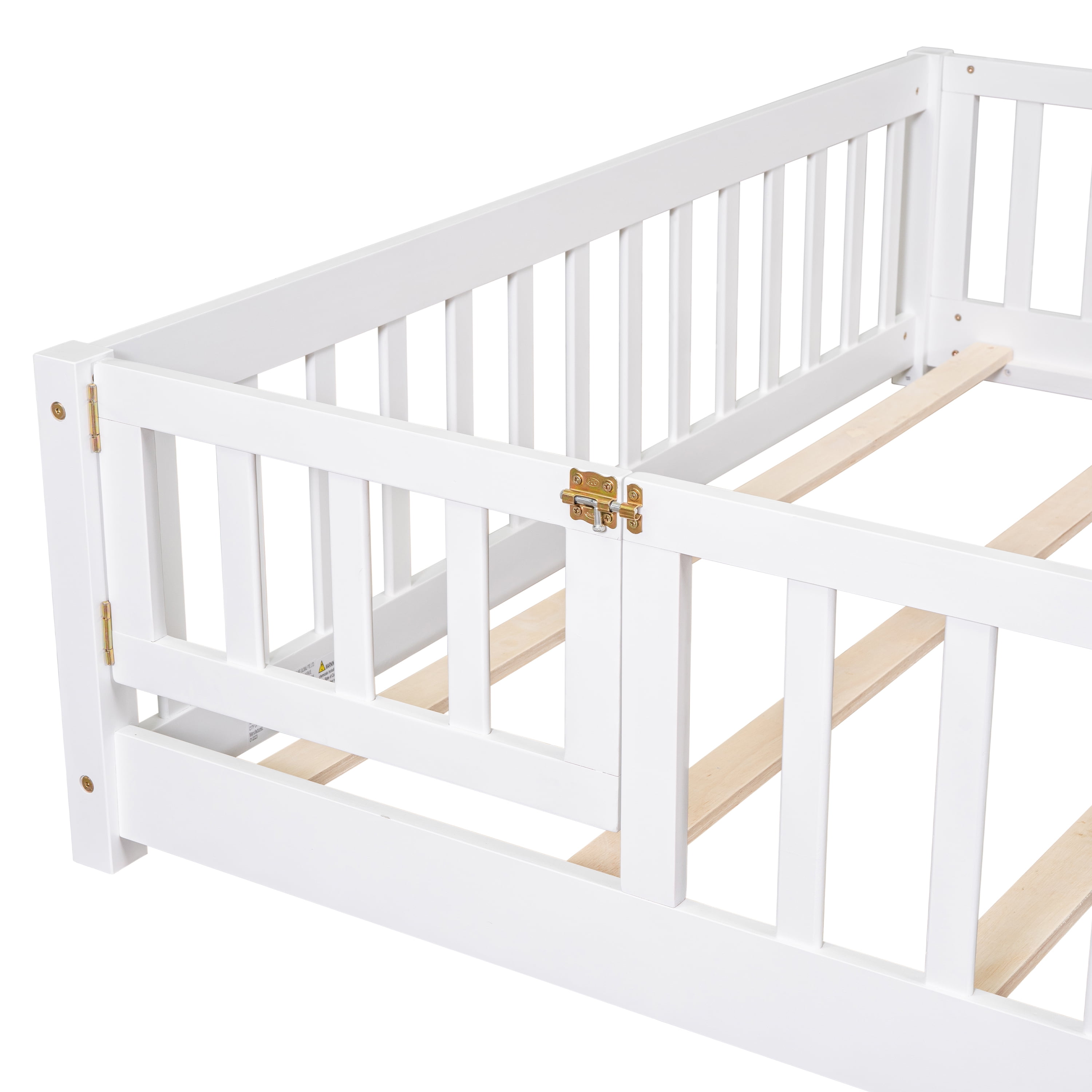 Miniyam Wood Queen Size Floor Bed with Safety Guardrails for Toddler, White