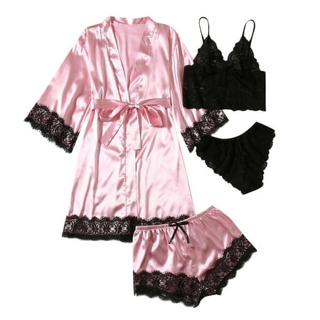 

Women s Satin Pajama Set 4pcs Floral Lace Trim Cami Top Lingerie Sleepwear with Robe PJs Sets for Women
