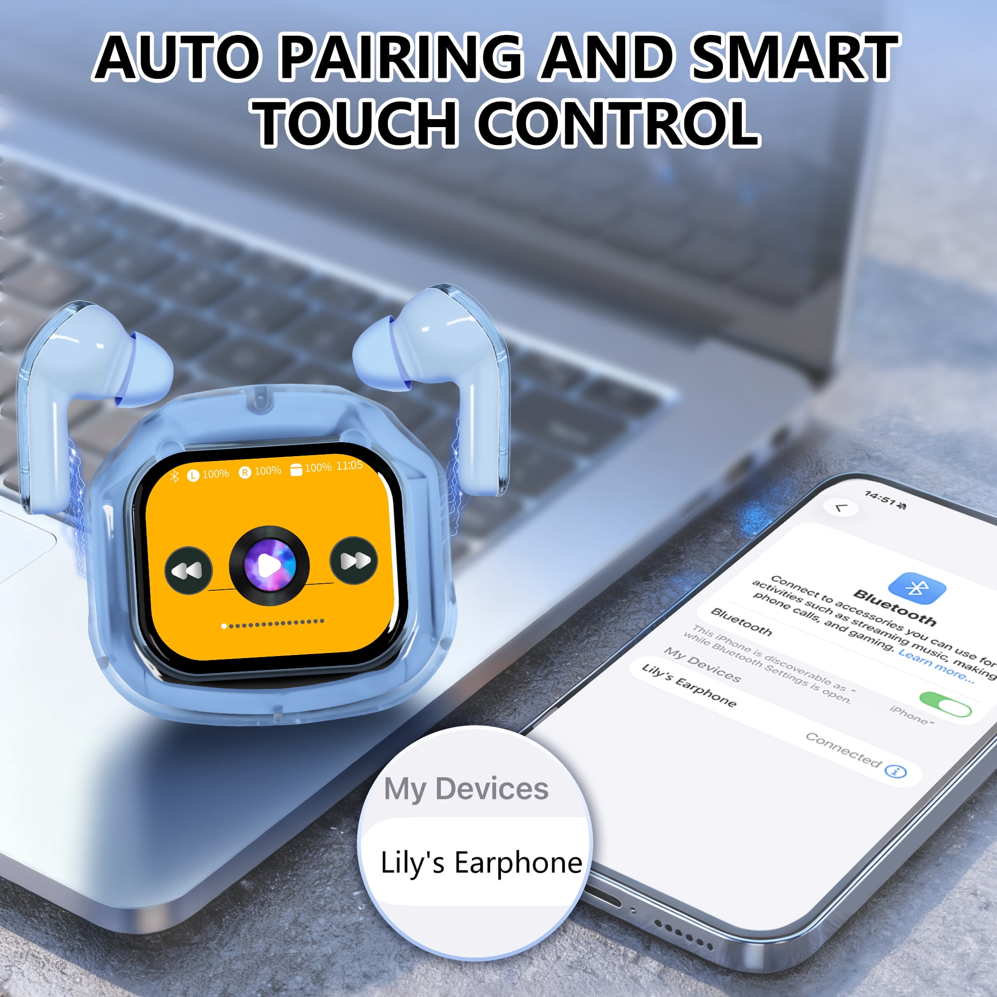 ENC Wireless Bluetooth Earphone, Smart Touch Screen Headphone, 24h Playtime for Sports & Working, Stereo Sound Headphone for iOS/Android/Windows, Blue
