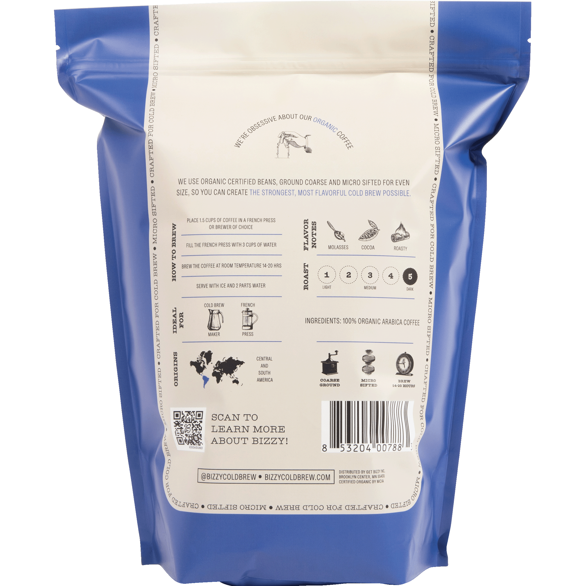 Bizzy Organic Cold Brew Coffee | Dark & Bold Blend | Coarse Ground Coffee | Dark Roast | Micro Sifted | Specialty Grade | 100% Arabica | Brew Bags | 12 Count | Makes 42 Cups