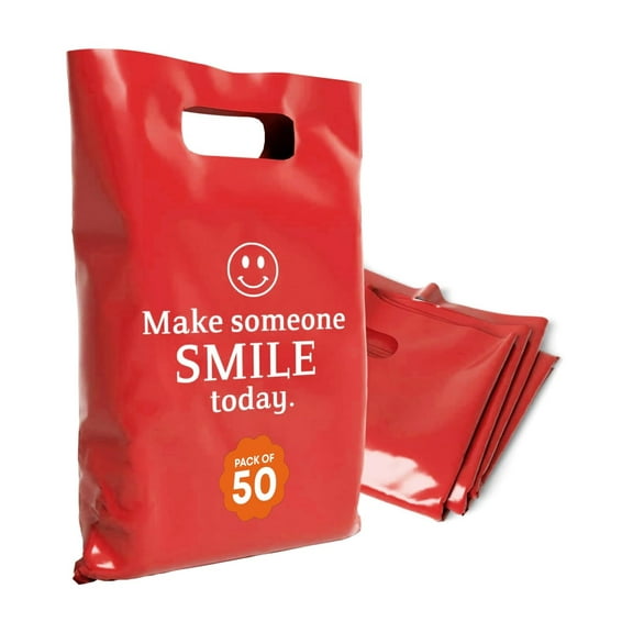 OPTIPAK Plastic Bags with Handles,12x15 Merchandise Bags for Small Business,Die-Cut Retail Shopping & Boutique Bags,Vendor Event and Tradeshow Supplies,Make someone smile today