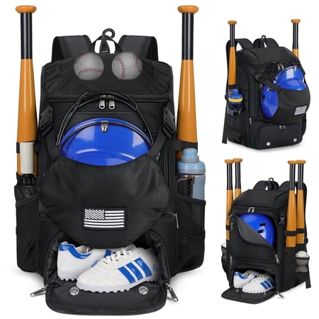 RAINSMORE Baseball Backpack, Lightweight Softball Bat Bag with Shoe Compartment, Fence Hook & Helmet Holder, Sports Gear Backpack for Youth Adult T-Ball Softball,Black