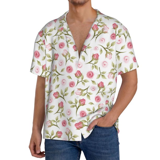 Fotbe Rose Flowers Camisa Estampada de Manga Corta para Hombre, Casual de Verano, Estilo Playero, Sin Arrugas-Small