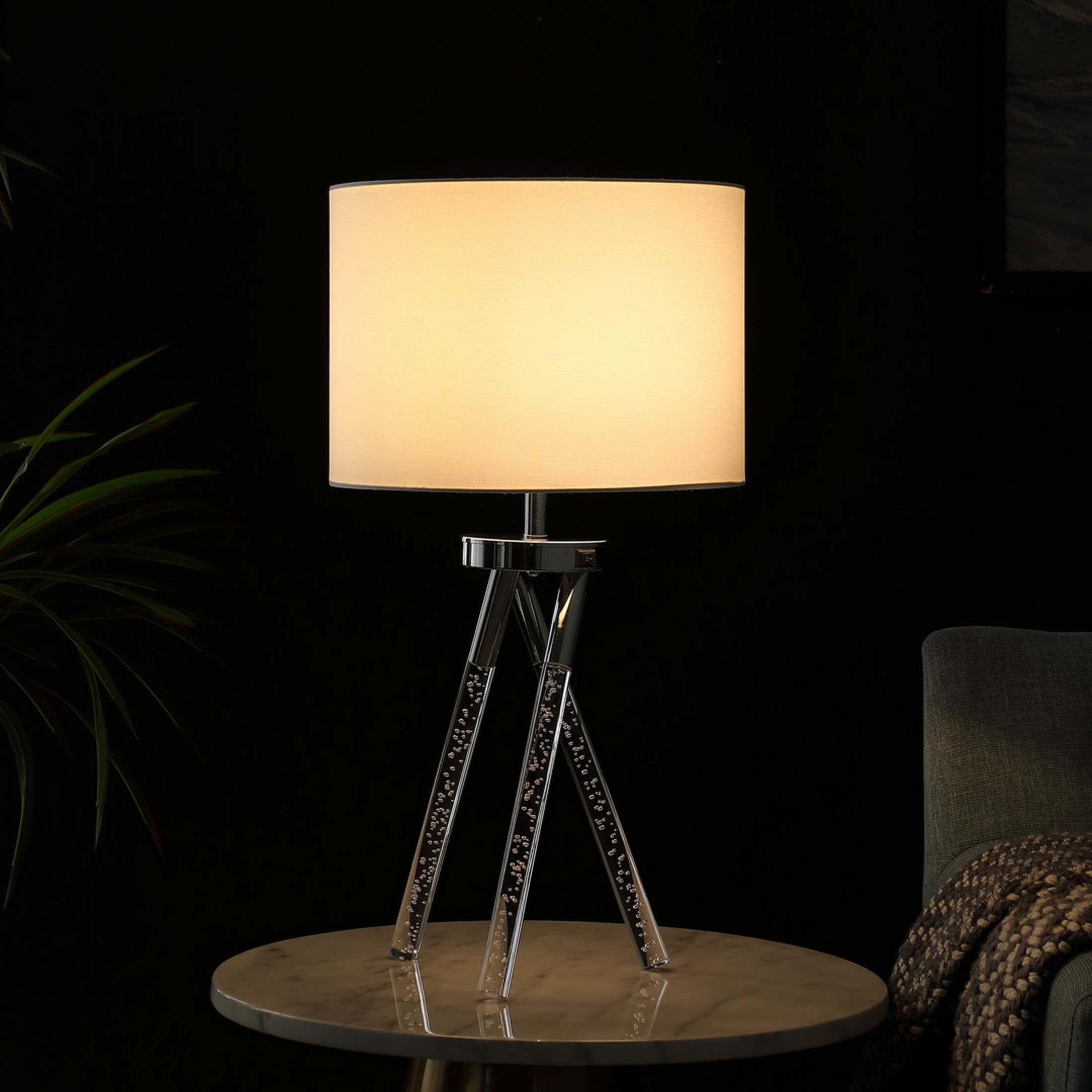 Noble House 26.25" Birgit Mid-Century Table Lamp, Chrome with Acrylic Tapered Legs and LED Accent, Silver