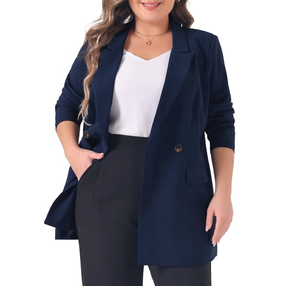 DARING DIVA Women's Plus Lapel Button with Pocket Jackets Long Blazer Navy Blue 1X