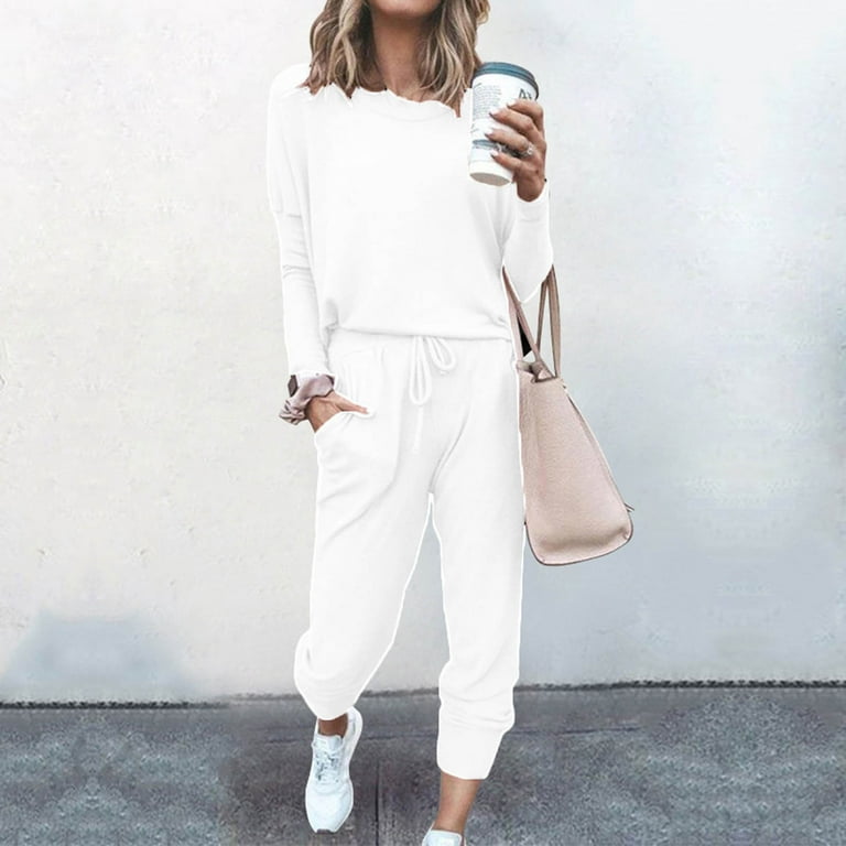 YWDJ Two Piece Outfits for Women Summer Pants Set Loose Two-piece Sets  Solid Long Sleeve Tops Vest Casual Pants Sweatsuit White XL 