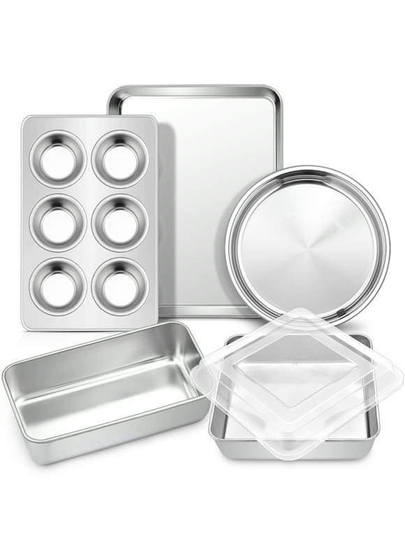 Walchoice Stainless Steel Bakeware Set of 6, Metal Toaster Oven Pans, Professional Baking Pans Include Cookie Sheet, Loaf & Muffin Pan