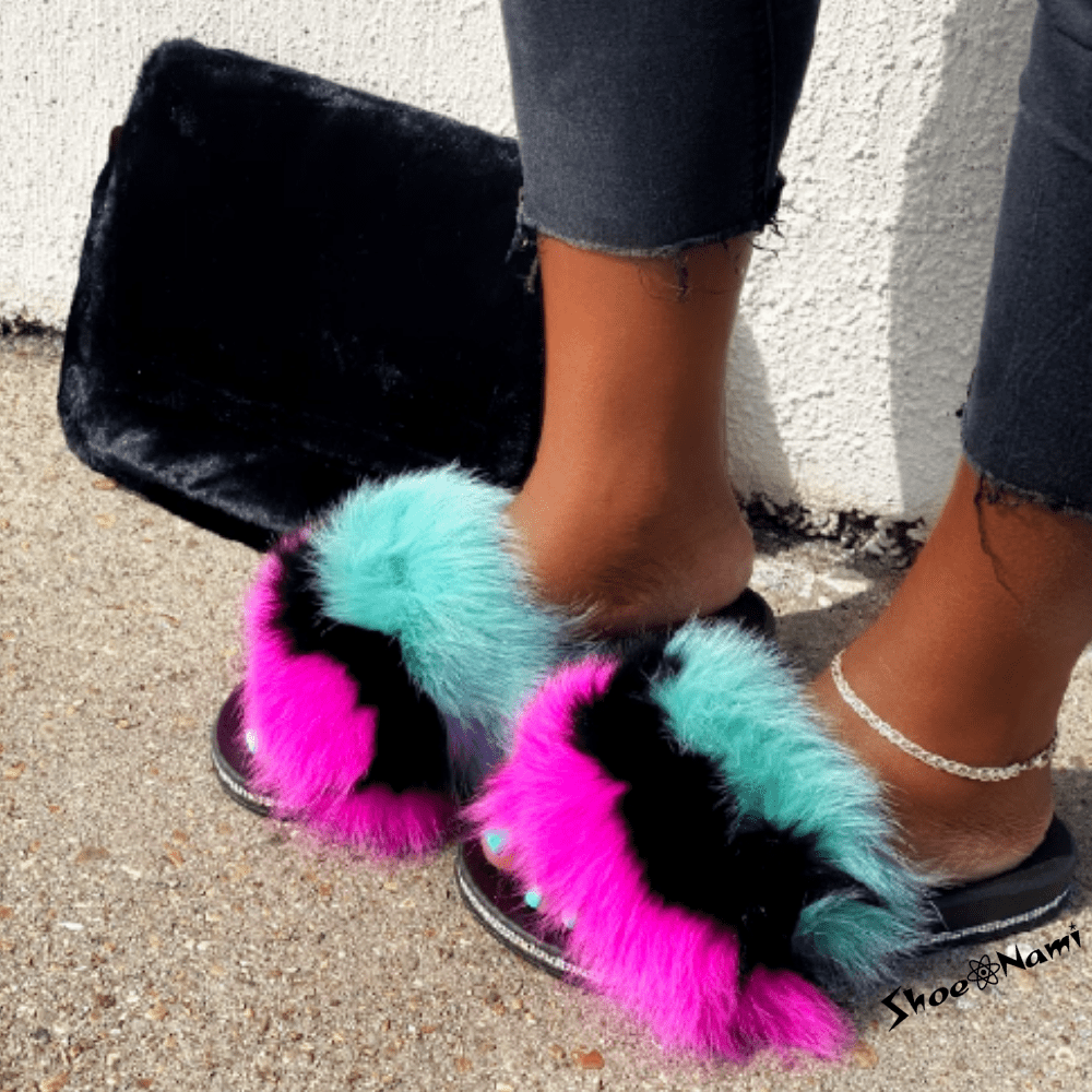 cape robbin faux fur slides