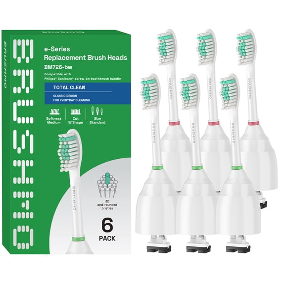 Brushmo e-Series Total Clean Replacement Toothbrush Heads Compatible with Philips Sonicare Screw-on Handles, Medium-Firm DuPont Bristles, BM726-bw, 6-Pack, White Bristles