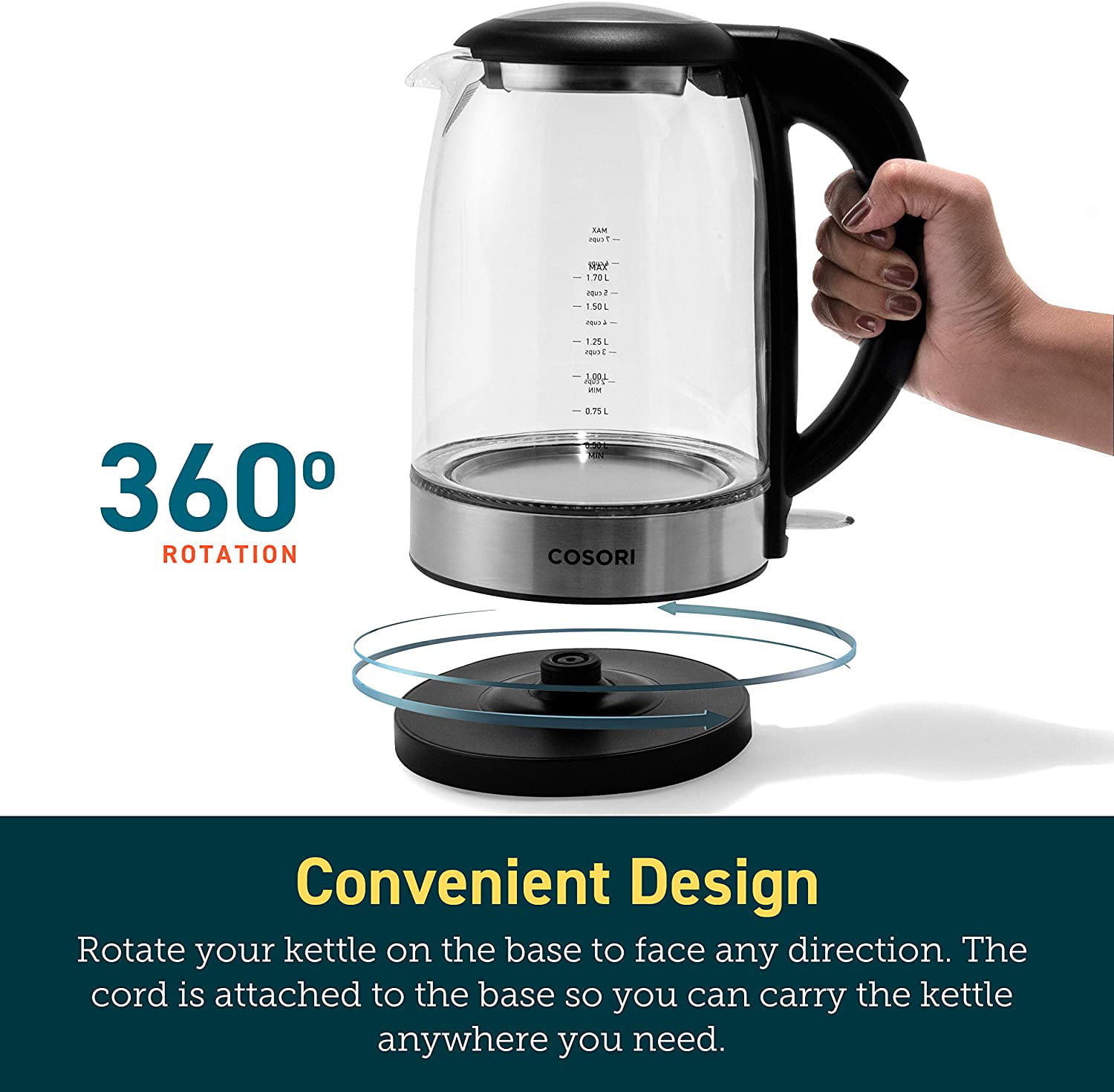 Cosori Electric Kettle with Stainless Steel Filter and Inner Lid, 1500W Wide Opening 1.7L Glass Tea Kettle & Hot Water Boiler, LED Indicator Auto Shut