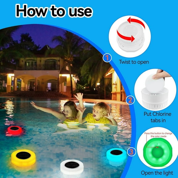 2025 Solar Powered LED Chlorine Tablet Floater-Floating Dispenser Fit 1" and 3" Tabs,Adjustable Pool Chlorinator Floater,for Swimming Pool Spa Hot Tub & Outdoor Swimming Pool Hot Tub and Spa(1PC)