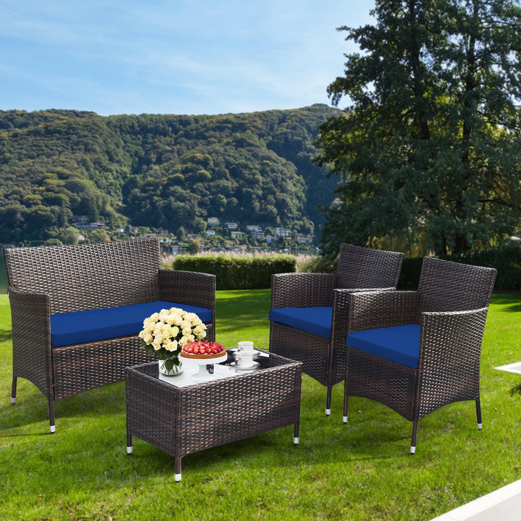 Gymax 4PCS Patio Rattan Conversation Furniture Set Outdoor w/ Navy Cushion