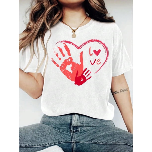 Crew Neck Happy Valentine's Day Print T-Shirt For Women - Round Neck Casual Knit Lightweight & BreatCamisetas para mujer, lindas camisetas con estampado gráfico, de manga corta, estilo casual, para ve