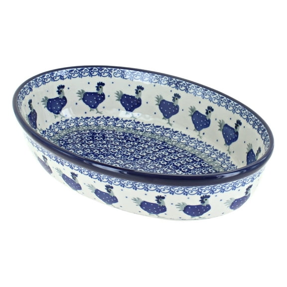 Blue Rose Polish Pottery Barnyard Rooster Small Oval Baking Dish