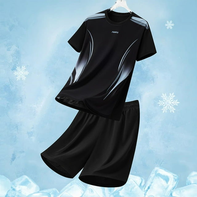 Handshe Men's Summer Casual Solid Color Short - Sleeved Round Neck Elastic Waist Set, Polyester Fashion Two - Piece Outfit
