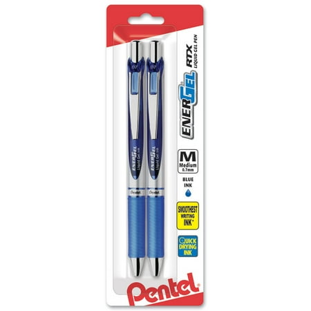 Pentel EnerGel RTX Retractable Liquid Gel Pen, (0.7mm) Metal Tip, Medium Line, Blue Ink 2-Pk