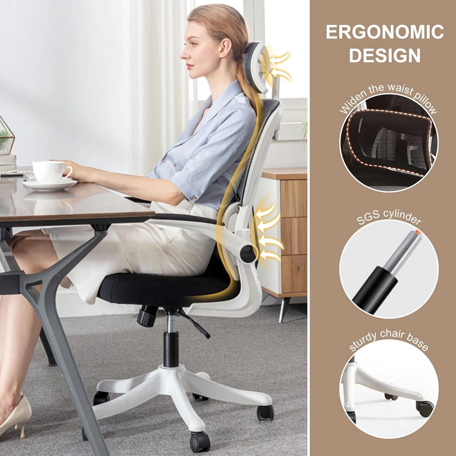 WXJHL Ergonomic Office Chair Comfort Home Desk Chair Adjustable High Back Mesh Chair Lumbar Support Computer Chair with Flip-up Arms for Work, Study, Gaming,White Mesdh Chair（Black and White）