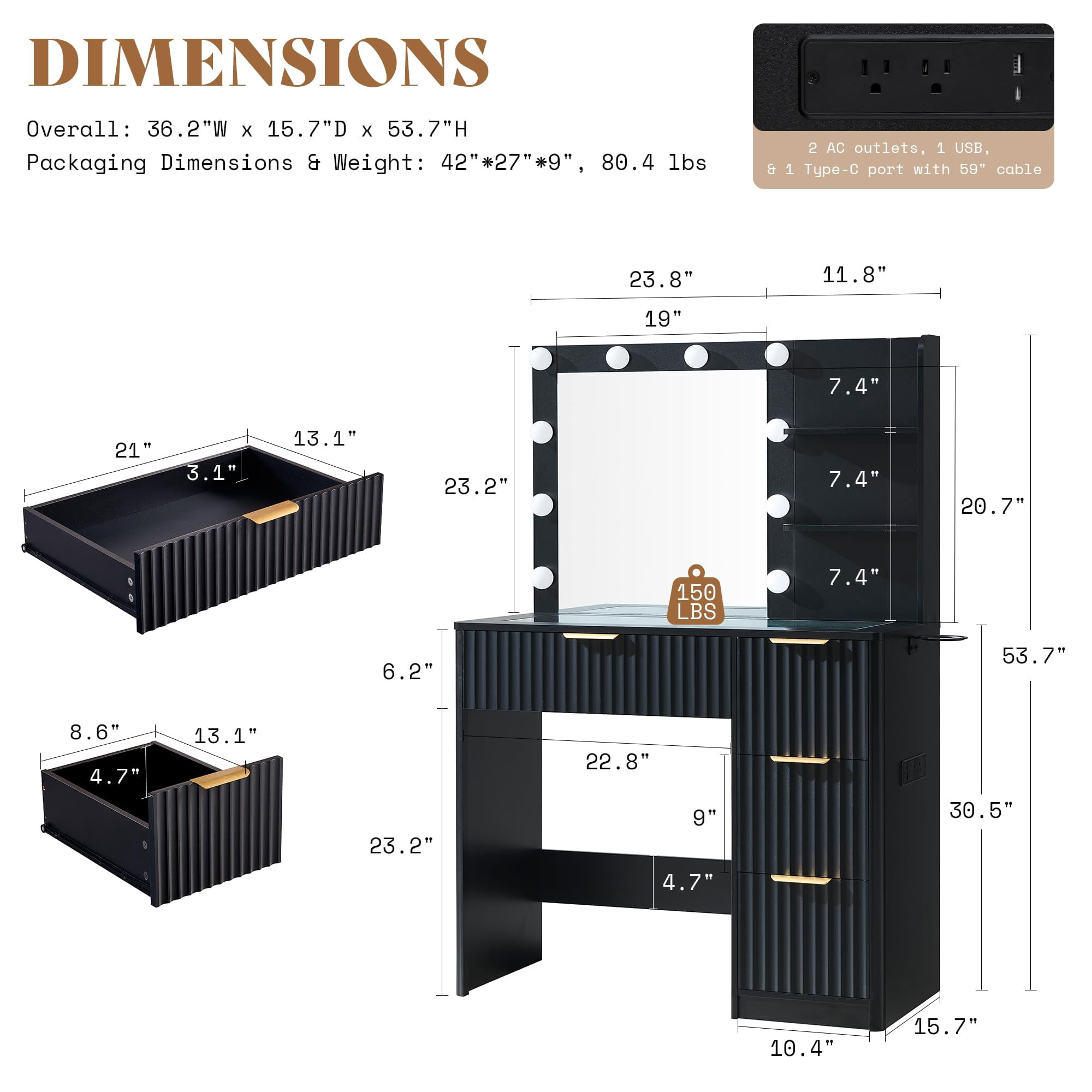 Merluxy 36.2" Girls Vanity Desk with Mirror and Adjustable LED Lights, 4 Drawers Makeup Table with Glass Top and Charging Station, Black