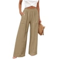 thumbnail image 2 of Cagogo Women Wide Leg Pants Cotton Linen Elastic Waist Casual Loose Long Trousers with Pockets Travel Lounge Solid Beach Clothes, Khaki S, 2 of 7