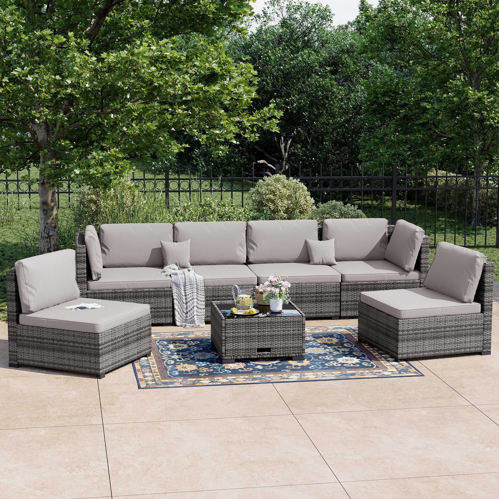 Bifanuo 7 Piece Patio Furniture Set, Outdoor Furniture Patio Sectional Sofa, All Weather PE Rattan Outdoor Sectional with Cushion and Coffee Table.