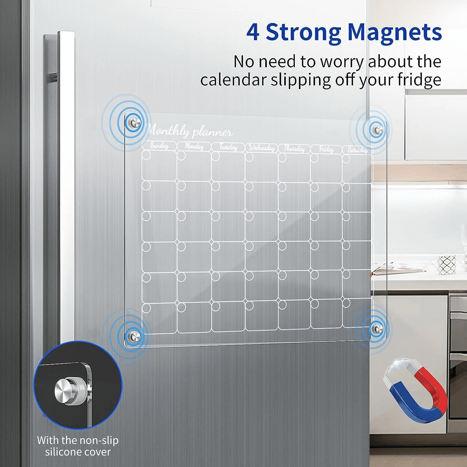 Acrylic Magnetic Fridge Calendar Magnet, Clear Dry Erase Board Calendar for Refrigerator, Monthly Weekly Planner 2025, Vertical Fridge Whiteboard to Do List, w/ 6 Colors Markers, 16"x12"