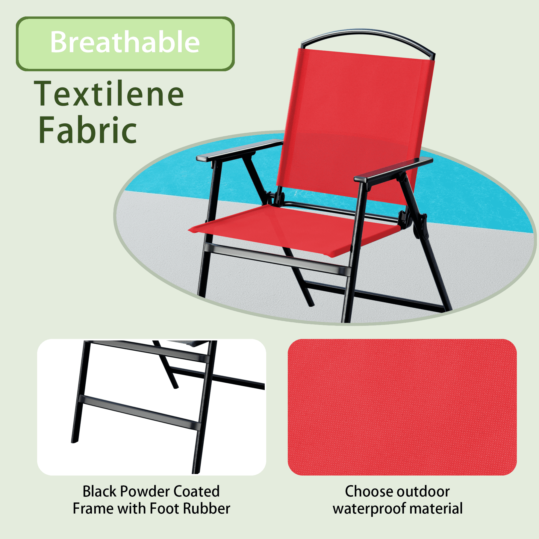 Outdoor Red Portable Folding Patio Dining Sling Chairs Set Of 2 With Armrest Foldable Patio Chairs For Lawn Garden Balcony Living Room Furniture