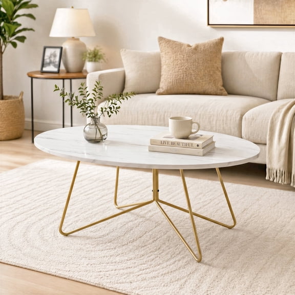 Oval White Marble Top Accent Coffee Table, Gold Finish Hairpin Metal Leg Modern Home Table