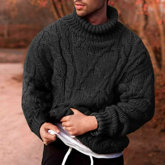 FAOWME Men Knitted Sweater Long Sleeve Turtleneck Solid Color Fashion Comfortable Warm Loose Pullover Top For Autumn Winter Daily Wear Black L