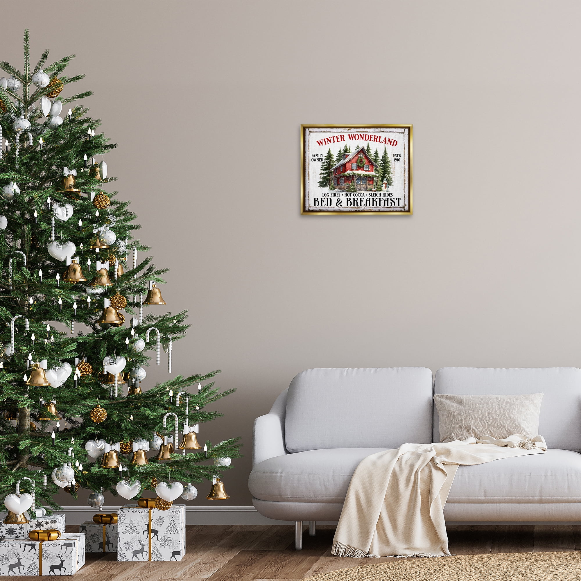 Stupell Industries Winter Bed & Breakfast Holiday Painting Gold Floater Framed Canvas Art Prints Wall Art, 21 x 17