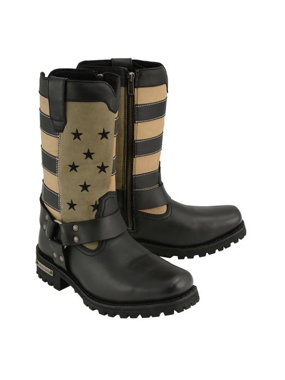 MBL9363 Womens Stars and Stripes Black with Tan Leather Motorcycle Rider Harness Boots 8