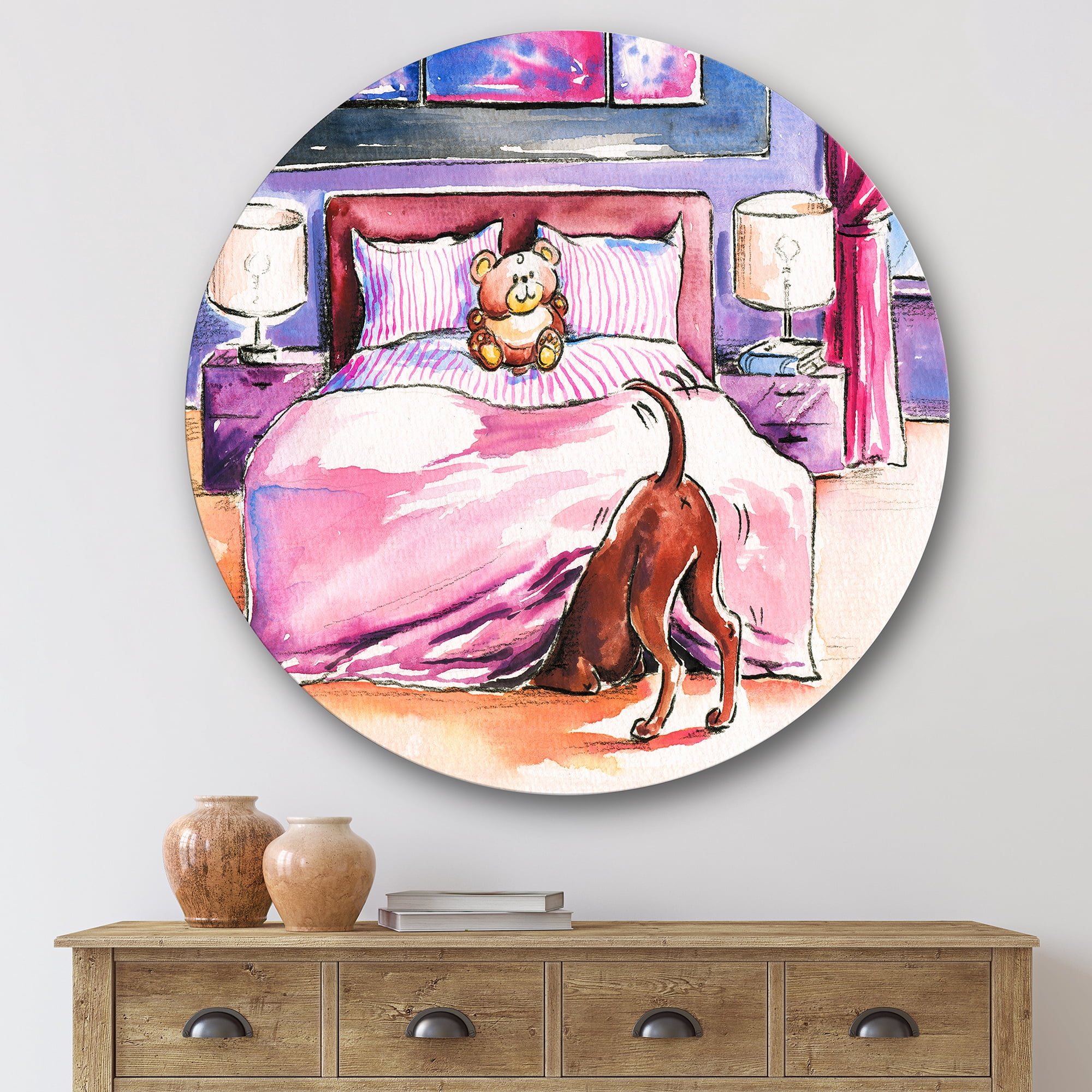 Designart 'Brown Dog Looking Under the Bed and Teddy Bear' Farmhouse Circle Metal Wall Art 29x29 - Disc of 29