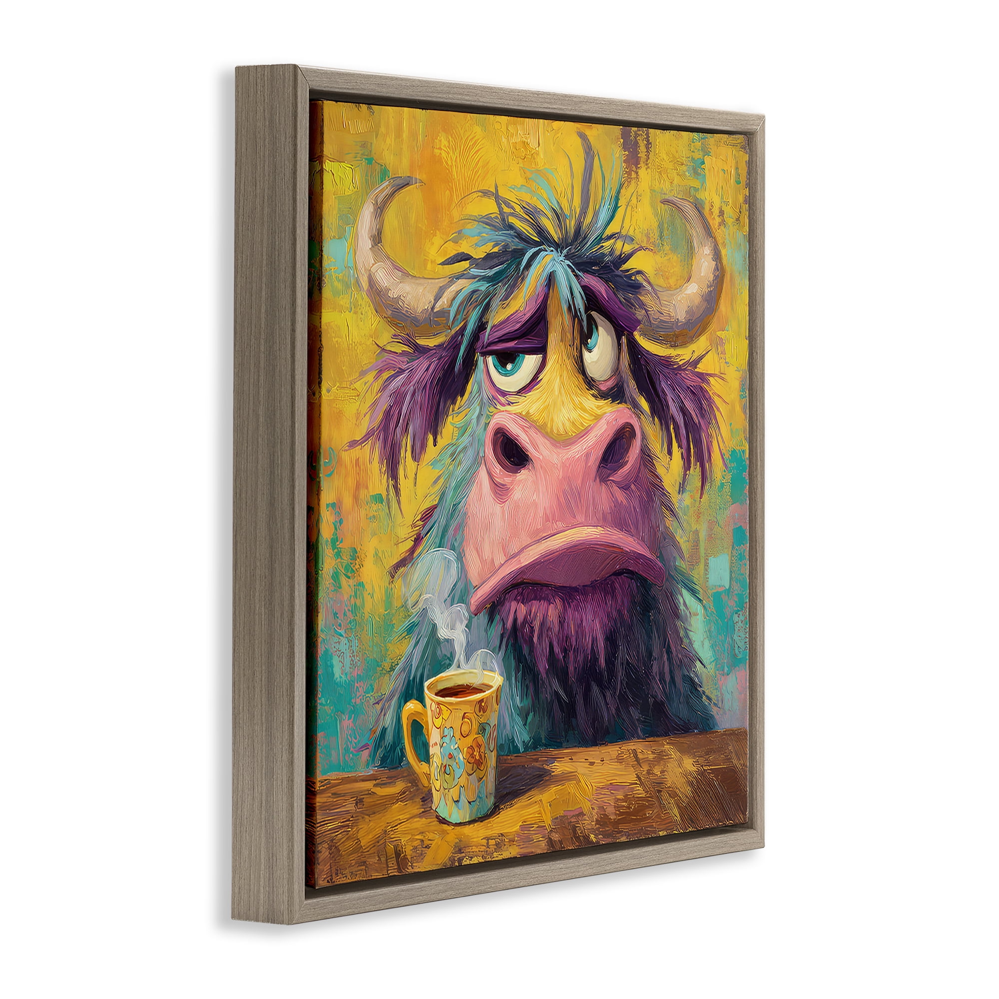 Stupell Industries Grumpy Cow & Mug Brown Framed Floater Canvas Wall Art, design by The Wands Want