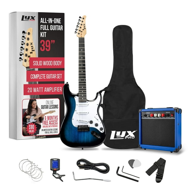 LyxPro Kit de guitarra eléctrica de 39 pulgadas con amplificador de 20 W, todos los accesorios, afinador digital con clip, seis cuerdas, dos púas, barra de trémolo, correa para el hombro, estuche, kit