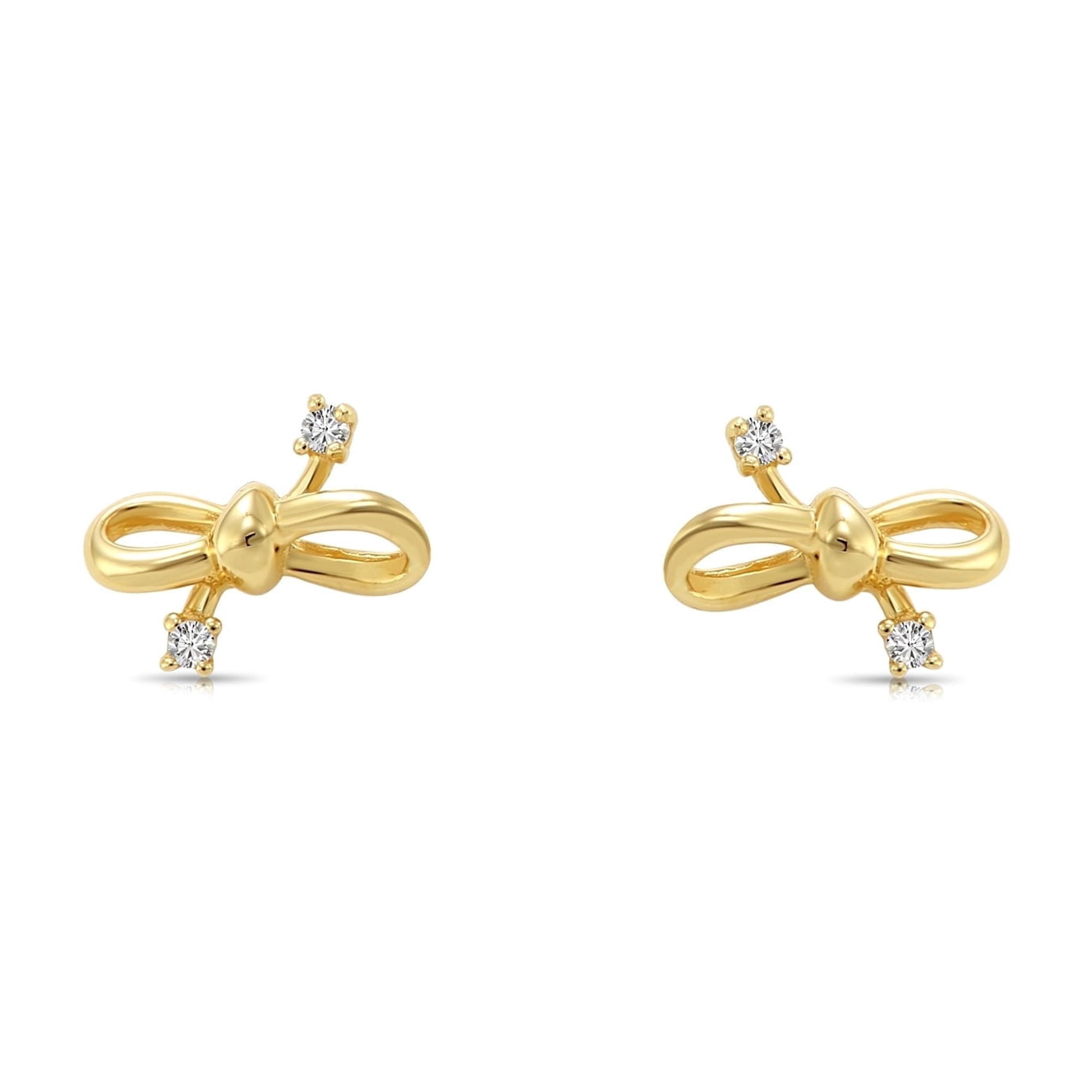Tilo Jewelry 14K Yellow Gold Mini Ribbon Bow Stud Post Earrings with Cubic Zirconia CZ Stones | Secure Screw-Backs | Dainty Everyday Earrings for Women & Unisex