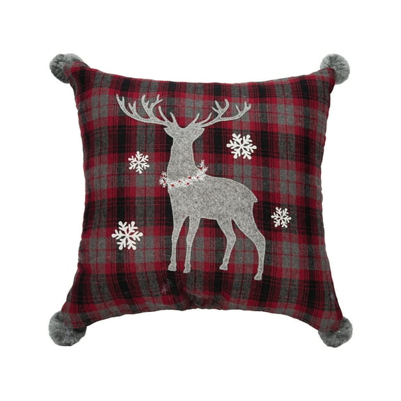 Frosty Deer Plaid Christmas Embellished Accent Throw Pillow w/ PomPom Tassels 18" x 18"