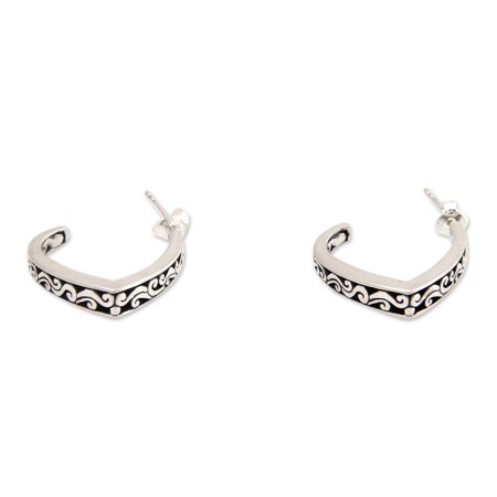 NOVICA Sterling silver half hoop earrings, 'Royal Bali'