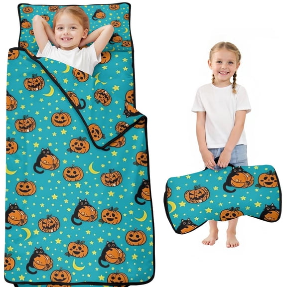 Halloween Black Cats with Pumpkins Toddler Nap Mats for Kids Preschool,50"x20" Sleeping Mat Bag or Kids,Toddler Sleeping Bag,Toddler Nap Mat or Daycare