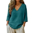 thumbnail image 2 of GILIGEGE Linen Shirts for Women,V Neck 3/4 Sleeve Gauzy Shirts,Loose Fit Curved Hem Tunic Cotton Linen Tops,Peasant Shirts Beach Vacation Tees,Casual Blouses for Summer 2026 Blackish Green S, 2 of 5