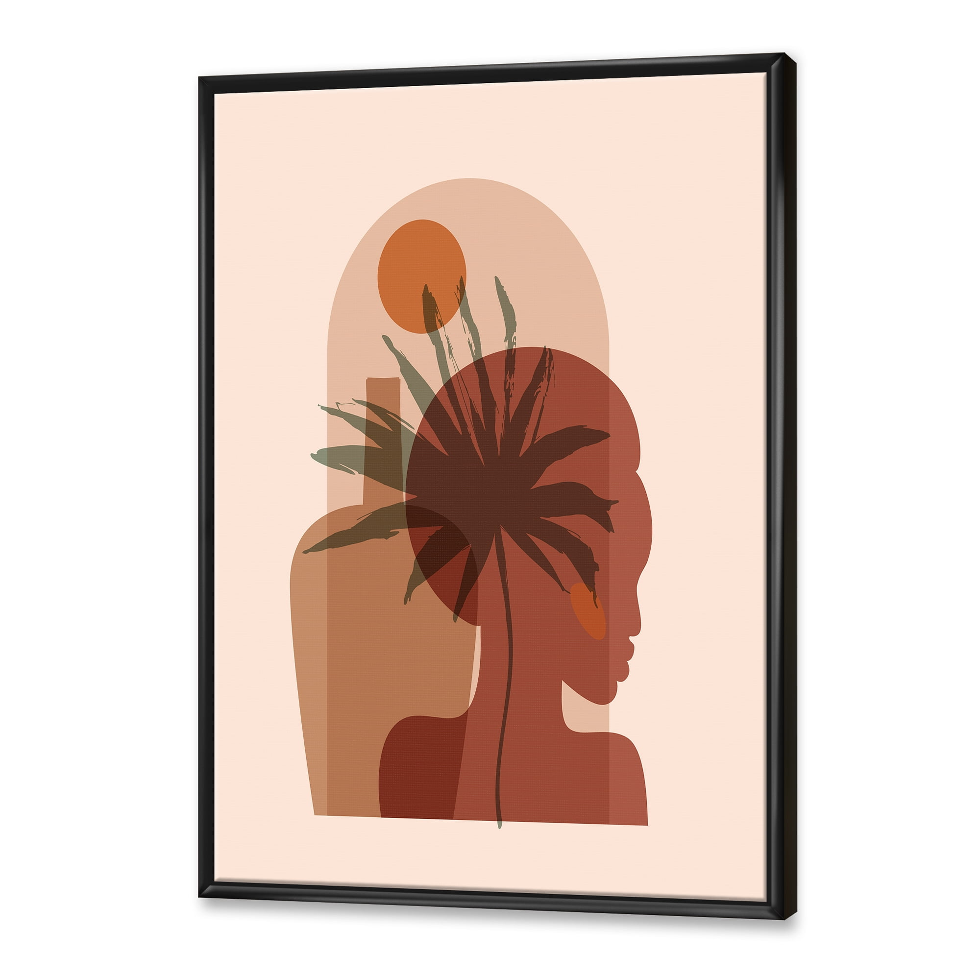 Designart 'Abstract Pretty Girl Portrait and Tropical Palm Leaf' Modern Framed Canvas Wall Art Print