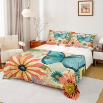 Castle Fairy Blue Butterfly Twin Sheet Sets 3pcs for Female Men Women,Exotic Style Twin Fitted Sheet Microfiber,Chic Vintage Flowers Breathable Flat Sheet,Super Cozy Room Decor