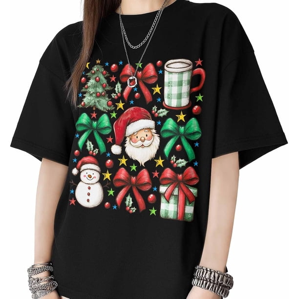 Camisetas para mujer, camisetas navideñas de Papá Noel, gnomo, muñeco de nieve, manga corta, holgadas, de algodón, informales